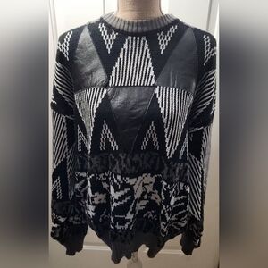 Campus Vintage 80s Black & White with Leather Accents Sweater Size 2X